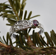 Load image into Gallery viewer, Recycled Antique Fork-Handle Ring - Wild Rose Motif - Rhodolite Garnet - Size 11.25