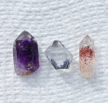 Load image into Gallery viewer, Quartz Trio - Beautiful Gem and Mineral-Included Quartz Crystal Points - Amethyst - Dumortierite - Hematite