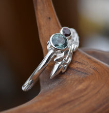 Load image into Gallery viewer, Sapphire Maple Twig Ring with a Round Shank - Blue Montana Sapphire, and RED Songea Sapphire - Natural Gems! Size 9.75