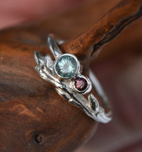 Load image into Gallery viewer, Sapphire Maple Twig Ring with a Round Shank - Blue Montana Sapphire, and RED Songea Sapphire - Natural Gems! Size 9.75