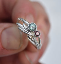 Load image into Gallery viewer, Sapphire Maple Twig Ring with a Round Shank - Blue Montana Sapphire, and RED Songea Sapphire - Natural Gems! Size 9.75
