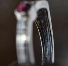 Load image into Gallery viewer, Recycled Antique Fork-Handle Ring - Wild Rose Motif - Rhodolite Garnet - Size 11.25
