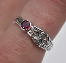 Load image into Gallery viewer, Recycled Antique Fork-Handle Ring - Wild Rose Motif - Rhodolite Garnet - Size 11.25
