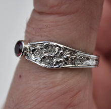Load image into Gallery viewer, Recycled Antique Fork-Handle Ring - Wild Rose Motif - Rhodolite Garnet - Size 11.25
