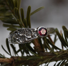 Load image into Gallery viewer, Recycled Antique Fork-Handle Ring - Wild Rose Motif - Rhodolite Garnet - Size 11.25
