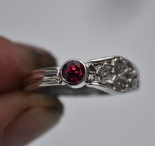 Load image into Gallery viewer, Recycled Antique Fork-Handle Ring - Wild Rose Motif - Rhodolite Garnet - Size 11.25
