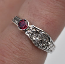 Load image into Gallery viewer, Recycled Antique Fork-Handle Ring - Wild Rose Motif - Rhodolite Garnet - Size 11.25
