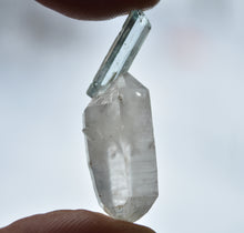 Load image into Gallery viewer, Etched Vanadium Beryl Perched Delicately on a DT Quartz Crystal - Thumbnail Perfection - 3.95 grams
