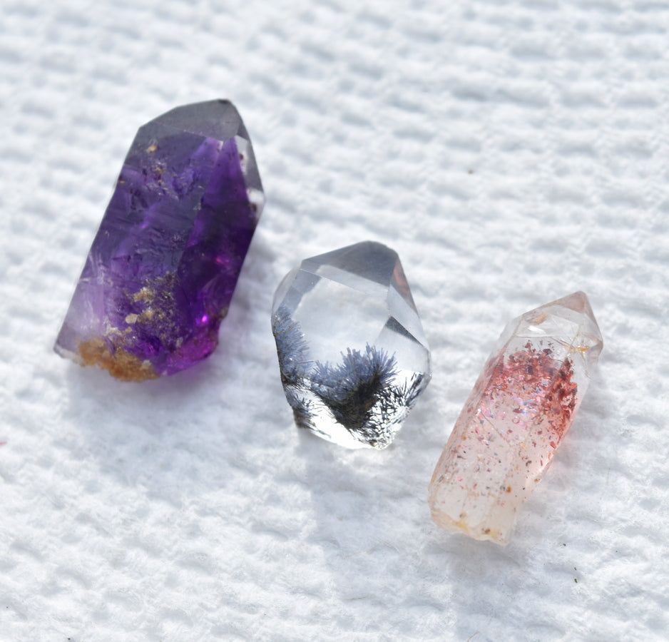 Quartz Trio - Beautiful Gem and Mineral-Included Quartz Crystal Points - Amethyst - Dumortierite - Hematite