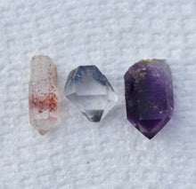 Load image into Gallery viewer, Quartz Trio - Beautiful Gem and Mineral-Included Quartz Crystal Points - Amethyst - Dumortierite - Hematite
