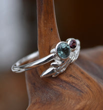 Load image into Gallery viewer, Sapphire Maple Twig Ring with a Round Shank - Blue Montana Sapphire, and RED Songea Sapphire - Natural Gems! Size 9.75
