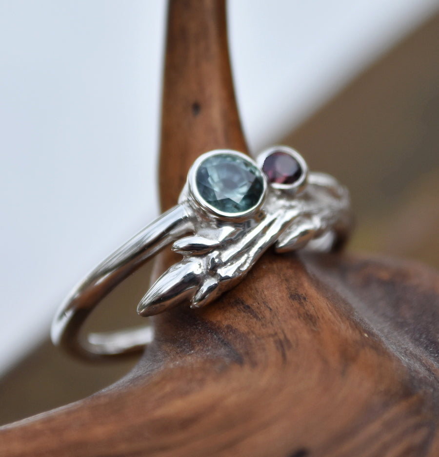 Sapphire Maple Twig Ring with a Round Shank - Blue Montana Sapphire, and RED Songea Sapphire - Natural Gems! Size 9.75