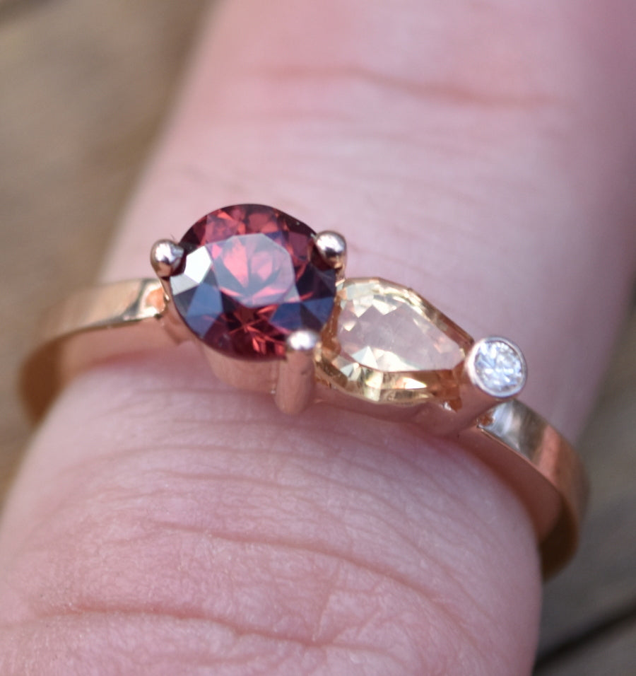 14k Rose Gold Ring with Zircon, Sapphire, and Diamond